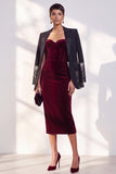 Burgundy Strapless Corset Pencil Midi Work Dress