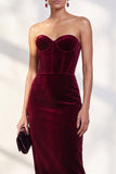 Burgundy Strapless Corset Pencil Midi Work Dress