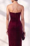 Burgundy Strapless Corset Pencil Midi Work Dress