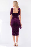 Dark Purple Thick Straps Pencil Midi Work Dress with Bow