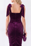Dark Purple Thick Straps Pencil Midi Work Dress with Bow