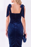 Dark Purple Thick Straps Pencil Midi Work Dress with Bow