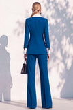 Berlin Blue Shawl Lapel 2 Piece Double Breasted Women Suits with Sleeves
