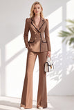 Brown Notched Lapel 2 Piece Double Breasted Women Suits with Sleeves