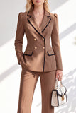 Brown Notched Lapel 2 Piece Double Breasted Women Suits with Sleeves