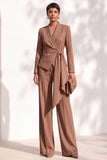Khaki Shawl Lapel 2 Piece Women Suits with Sash