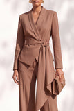 Khaki Shawl Lapel 2 Piece Women Suits with Sash