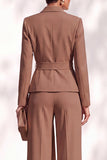 Khaki Shawl Lapel 2 Piece Women Suits with Sash