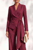 Khaki Shawl Lapel 2 Piece Women Suits with Sash