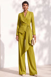 Khaki Shawl Lapel 2 Piece Women Suits with Sash