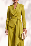 Khaki Shawl Lapel 2 Piece Women Suits with Sash