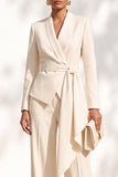 Khaki Shawl Lapel 2 Piece Women Suits with Sash