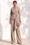 Khaki Shawl Lapel 2 Piece Women Suits with Sash