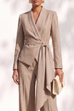 Khaki Shawl Lapel 2 Piece Women Suits with Sash