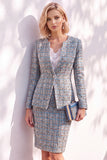 Pink Tweed Round Neck 2 Piece Pencil Midi Work Dress with Sleeves