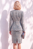 Pink Tweed Round Neck 2 Piece Pencil Midi Work Dress with Sleeves