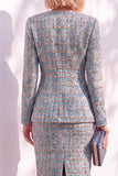 Pink Tweed Round Neck 2 Piece Pencil Midi Work Dress with Sleeves