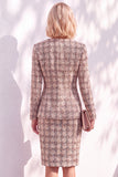 Pink Tweed Round Neck 2 Piece Pencil Midi Work Dress with Sleeves