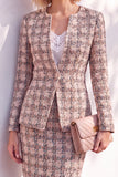Pink Tweed Round Neck 2 Piece Pencil Midi Work Dress with Sleeves