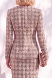Pink Tweed Round Neck 2 Piece Pencil Midi Work Dress with Sleeves