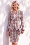 Pink Tweed Round Neck 2 Piece Pencil Midi Work Dress with Sleeves