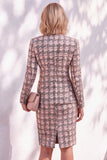 Pink Tweed Round Neck 2 Piece Pencil Midi Work Dress with Sleeves