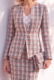 Pink Tweed Round Neck 2 Piece Pencil Midi Work Dress with Sleeves