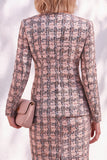 Pink Tweed Round Neck 2 Piece Pencil Midi Work Dress with Sleeves
