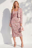 Pink Tweed Single 2 Piece Breasted Pencil Midi Work Dress with Sleeves