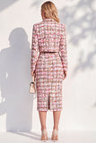 Pink Tweed Single 2 Piece Breasted Pencil Midi Work Dress with Sleeves