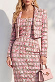 Pink Tweed Single 2 Piece Breasted Pencil Midi Work Dress with Sleeves