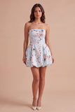 Pink Floral A Line Strapless Bubble Short Cocktail Dress