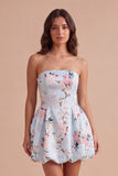 Pink Floral A Line Strapless Bubble Short Cocktail Dress