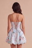 Pink Floral A Line Strapless Bubble Short Cocktail Dress