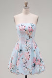 Pink Floral A Line Strapless Bubble Short Cocktail Dress