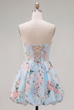 Pink Floral A Line Strapless Bubble Short Cocktail Dress