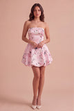 Pink Floral A Line Strapless Bubble Short Cocktail Dress