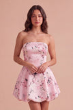 Pink Floral A Line Strapless Bubble Short Cocktail Dress