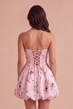 Pink Floral A Line Strapless Bubble Short Cocktail Dress
