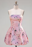 Pink Floral A Line Strapless Bubble Short Cocktail Dress