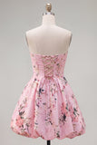 Pink Floral A Line Strapless Bubble Short Cocktail Dress