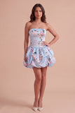 Floral Blue Lace Up Back Bubble Short Cocktail Dress