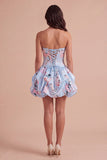 Floral Blue Lace Up Back Bubble Short Cocktail Dress