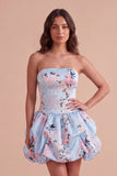 Floral Blue Lace Up Back Bubble Short Cocktail Dress
