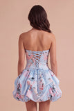 Floral Blue Lace Up Back Bubble Short Cocktail Dress