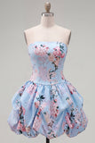 Floral Blue Lace Up Back Bubble Short Cocktail Dress