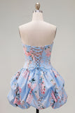 Floral Blue Lace Up Back Bubble Short Cocktail Dress