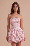 Floral Blue Lace Up Back Bubble Short Cocktail Dress