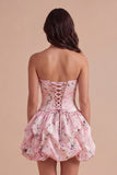 Floral Blue Lace Up Back Bubble Short Cocktail Dress
