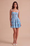 Blue Floral Corset Ruffled A Line Short Cocktail Dress